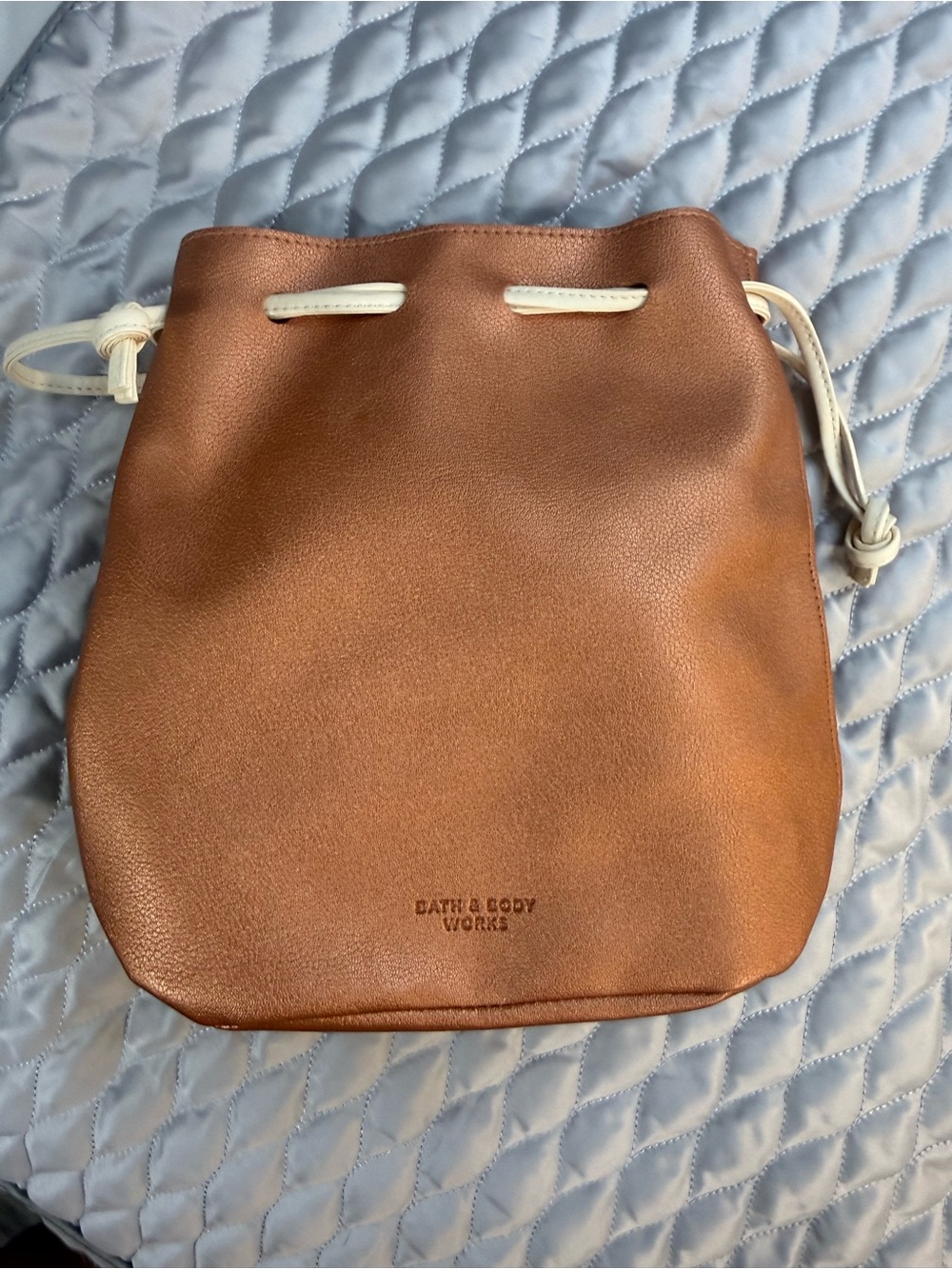 Bath & Body Works Brown Crossbody Drawstring Bucket Bag with White Accents